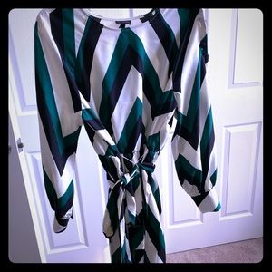 black, green and white pleated belted dress